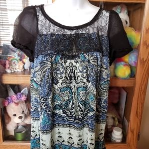 💙 Blue and black design top sheer shirt 💙